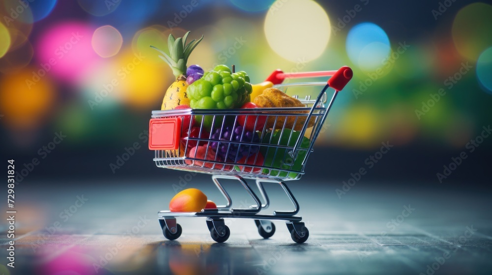 Mini Shopping Cart Filled with Fresh Produce - obrazy, fototapety, plakaty 