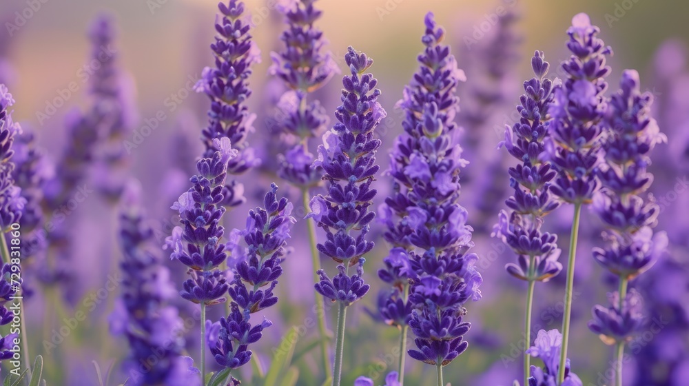 Fototapeta premium a field of purple lavender flowers with a blurry background of the flowers in the foreground is a blurry image of a field of lavender flowers in the foreground.