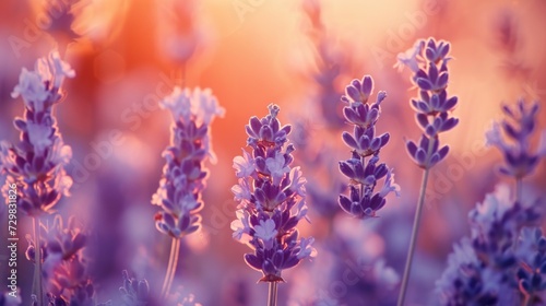  a field of lavender flowers with the sun shining through the clouds in the backgrounnd of the photo, with a blurry background of the lavender flowers in the foreground and the foreground
