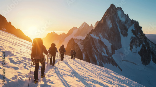 Mountaineers trekking on snowy peak at sunrise.