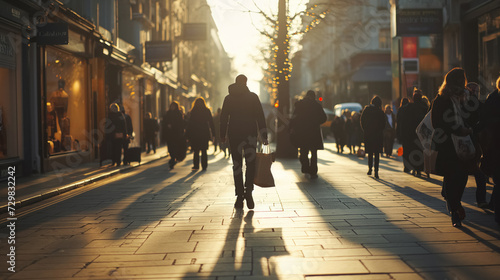 Silhouetted figure walking in sunlit urban street.