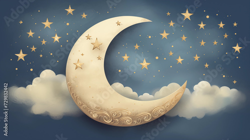 Children's bed time story illustration. Crescent moon and whimsical clouds in the sky. 