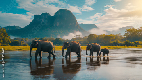Elephants Wandering Along Riverbank with Mountain Scenery