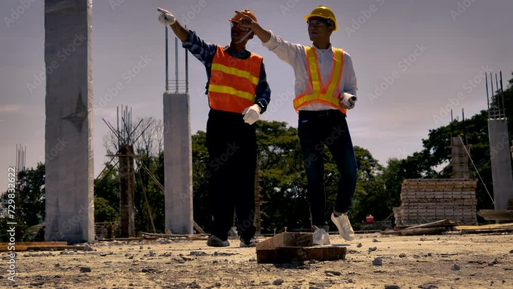 Structural engineer or architect and foreman worker with blueprints, walking, discuss, plan working for the outdoors building construction site. 4K Structural engineer or architect and foreman worker with blueprints, walking, discuss, plan working for the outdoors building construction site. 4K