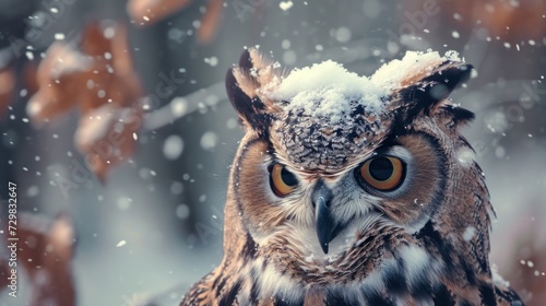  a close up of an owl with a lot of snow on it's head and a blurry background of leaves and branches in the foreground, with snow on the foreground. photo