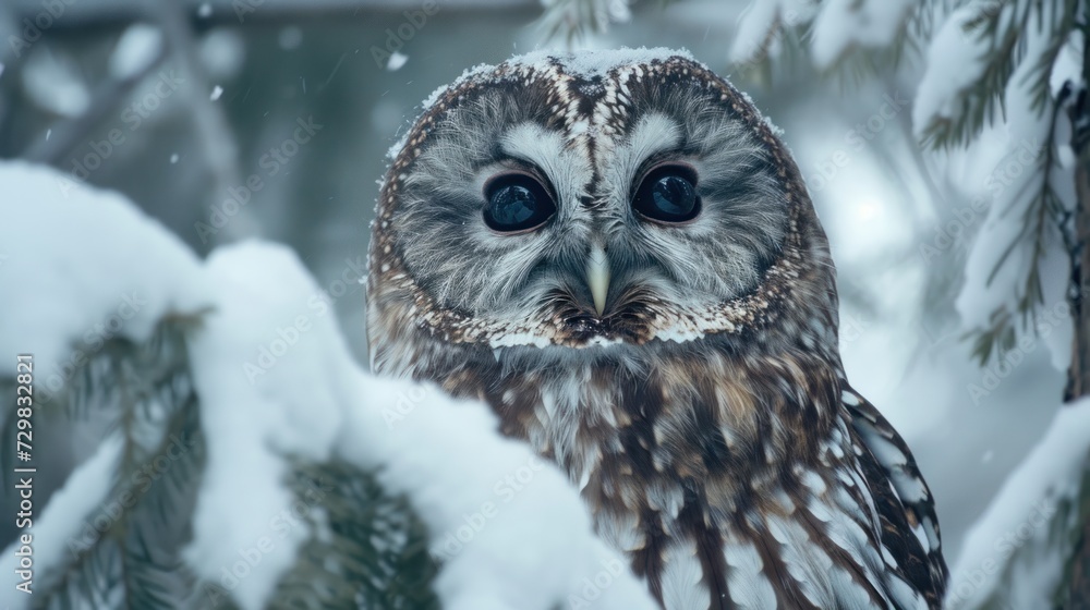 a close up of an owl sitting in a tree with snow on it's branches and looking at the camera with a blurry background of snow on the branches. a close up of an owl sitting in a tree with snow on it's branches and looking at the camera with a blurry background of snow on the branches.