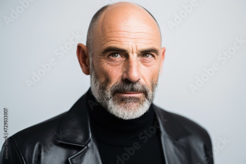 Portrait of senior man in leather jacket. Isolated on grey background.