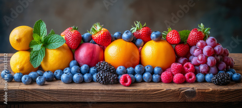 Colorful assembly of various berries, citrus fruits, and grapes on a wooden board, AI generated