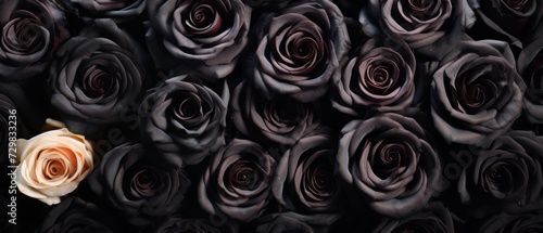 Black roses pattern with one in cream color. Top view of dark flowers wallpaper or background. Generative AI.