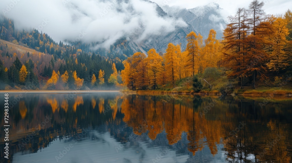 a body of water surrounded by trees in the middle of a forest with mountains in the background with clouds in the sky and a few trees in the foreground. a body of water surrounded by trees in the middle of a forest with mountains in the background with clouds in the sky and a few trees in the foreground.