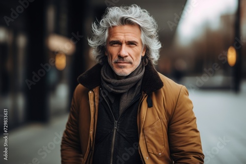 Portrait of a senior man with grey hair wearing a coat and a scarf in the city.