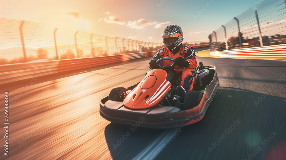 Fototapeta premium Kart Racer Speeding at Sunset, Dynamic Track Action, Motorsport Rush