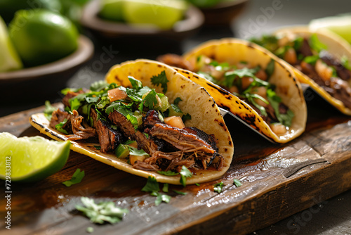 Delicious Street Food: Close-Up of Freshly Made Beef Tacos Garnished with Cilantro and Diced Tomatoes, Served on a Rustic Wooden Board