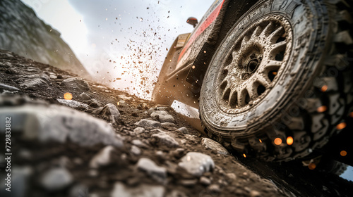 "Intense Off-Road Rally Racing, Sparks Flying from Gritty Terrain, Automotive Power