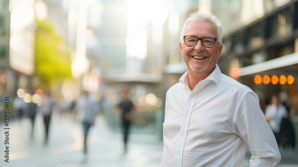Fototapeta premium Joyful Senior Man in Casual White Shirt, Urban Background, Lively Expression
