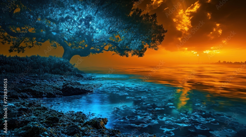 a painting of a sunset over a body of water with a tree in the foreground and a sunset in the background with clouds in the middle of the sky. a painting of a sunset over a body of water with a tree in the foreground and a sunset in the background with clouds in the middle of the sky.