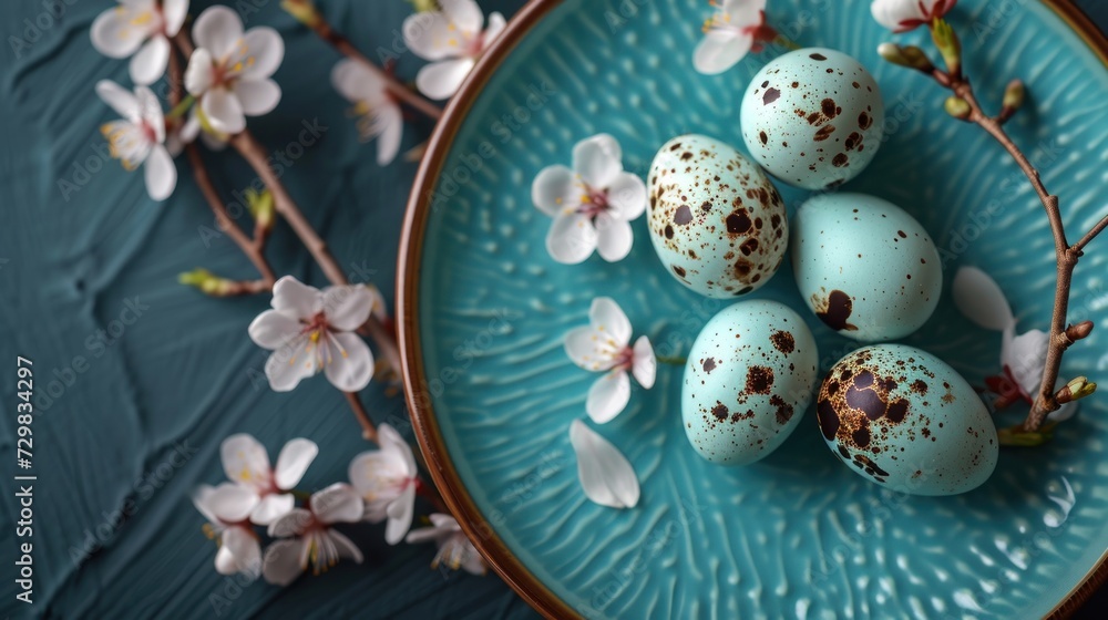 a blue plate with four speckled eggs and a branch of a blossoming cherry tree with white flowers on a teal blue tablecloth with a blue background. a blue plate with four speckled eggs and a branch of a blossoming cherry tree with white flowers on a teal blue tablecloth with a blue background.