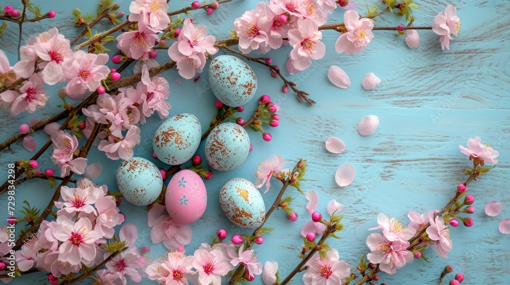  a bunch of eggs sitting on top of a blue surface next to pink flowers and a branch of a tree with pink and white flowers on a light blue background.