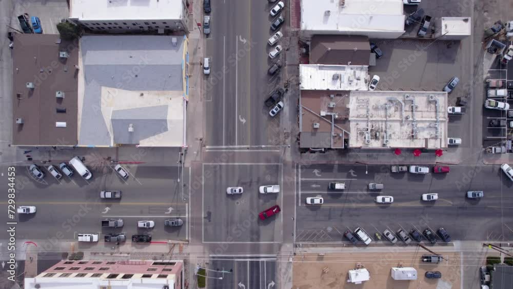 Top Down Aerial View, Traffic in Downtown Prescott, Arizona USA, Cars, Streets and Buildings, High Angle Drone Shot Top Down Aerial View, Traffic in Downtown Prescott, Arizona USA, Cars, Streets and Buildings, High Angle Drone Shot