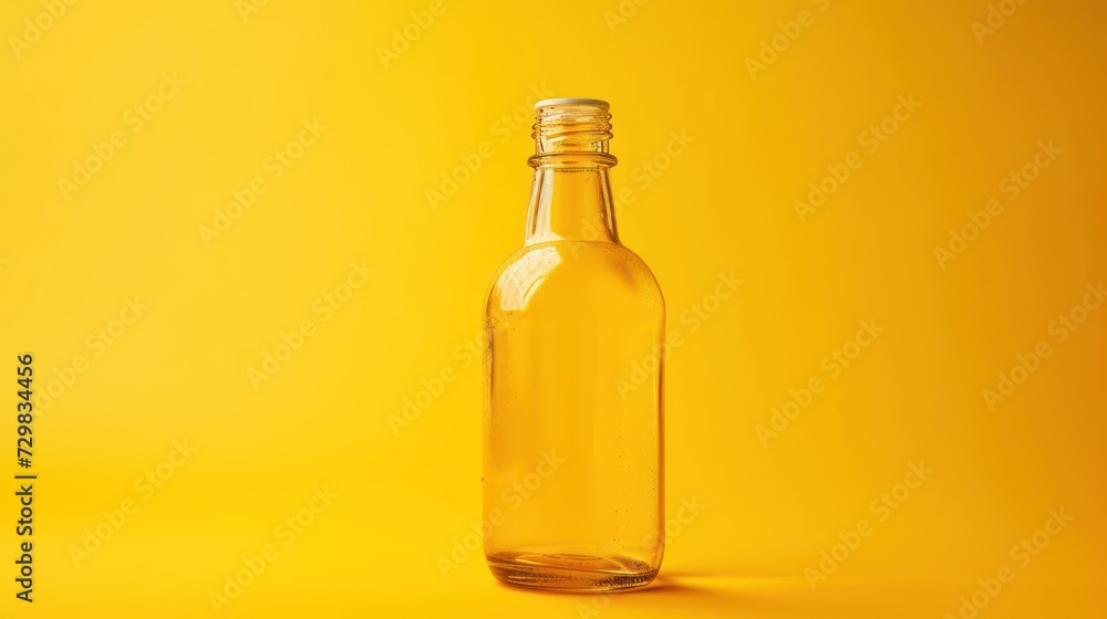  an empty glass bottle sitting on top of a yellow table next to a bottle of wine on a yellow background with a shadow from the bottle to the bottom of the bottle.