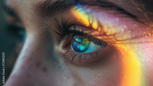 the person's eye is highlighted with iridescent rainbows