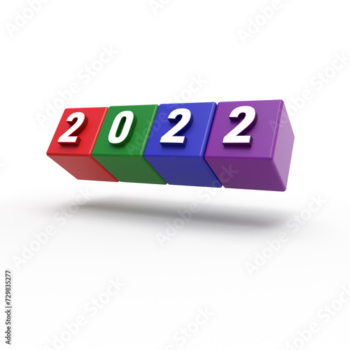 3d render 2022 on white background. 3d illustration 2022 and colored cubes