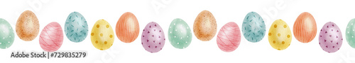 Cute colorful Easter eggs. Seamless border of with Easter Eggs with Pastel Colors. Isolated watercolor illustration. Template for Easter cards, covers, posters and invitations.