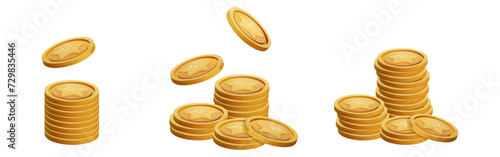 Game Coin Stack set 3d render isolated. Gold Money on white background. Coin with star for game reward and prize. Vector 3d illustration.