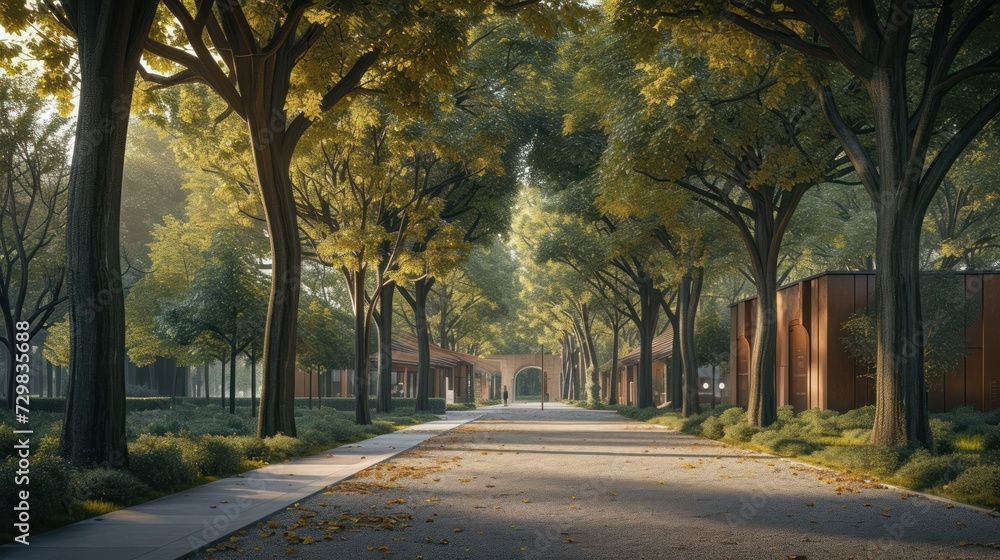  a painting of a tree lined street with a building on one side and trees on the other side of the street with yellow leaves on the ground and leaves on the ground.