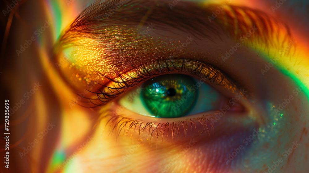 the person's eye is highlighted with iridescent rainbows the person's eye is highlighted with iridescent rainbows