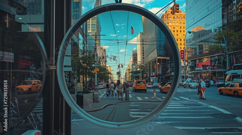 Tablou canvas a view of a busy city street through a magnifying glass with a reflection of people crossing the street in front of a yellow taxi cabs and yellow cabs