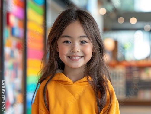 little Asian girl with colorful sweatshirt in professional colorful photo studio background
