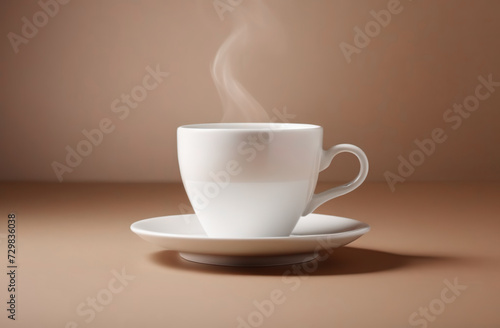 Cup of coffee and saucer. White classic ceramic mug filling a hot black coffee isolated on a beige studio background. Steaming flowing smoke. Coffee beans on a table. Copy space  front view  banner.