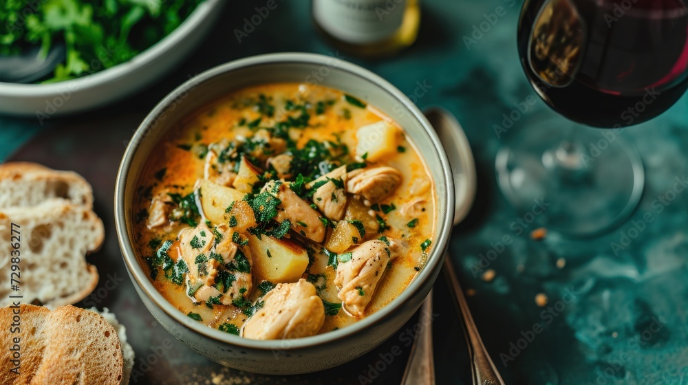 a bowl of chicken and potato soup next to a glass of wine and a piece of bread on a blue surface with a glass of red wine in the background. a bowl of chicken and potato soup next to a glass of wine and a piece of bread on a blue surface with a glass of red wine in the background.