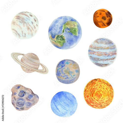 Fototapeta Naklejka Na Ścianę i Meble -  Watercolor set of space planets and meteorite. Solar system objects. Hand drawn illustration on transparent.
