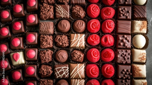  a close up of a box of chocolates with red, white, and chocolates on top of each of the chocolates are different types of chocolates.