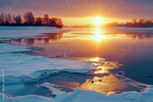 Contrast of Winter. The Sunrise Reflected on the Frozen Lake Surface.