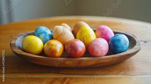  a wooden bowl filled with colored eggs on top of a wooden table and a wooden table top with a wooden bowl on top of a wooden table and a wooden table.
