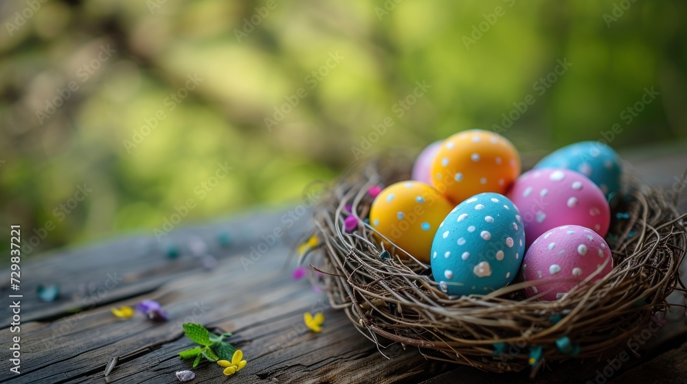 a bird's nest filled with colored eggs on top of a wooden table with confetti sprinkles on the side of the bird's nest. a bird's nest filled with colored eggs on top of a wooden table with confetti sprinkles on the side of the bird's nest.