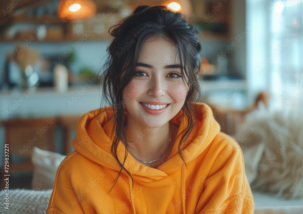 Young beauty Asian girl model with colorful sweatshirt at home Young beauty Asian girl model with colorful sweatshirt at home