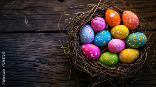  a bird's nest filled with painted eggs on top of a wooden table next to a piece of wood that has a bird's nest on it's side.