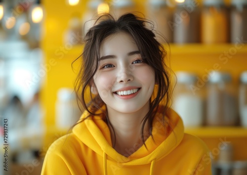 Young beauty Asian girl model with colorful sweatshirt at home