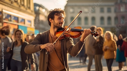 A street performer playing a violin in an urban setting, with people passing by in the background photo