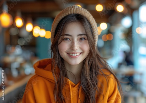 Young beauty Asian girl model with colorful sweatshirt at home © hakule