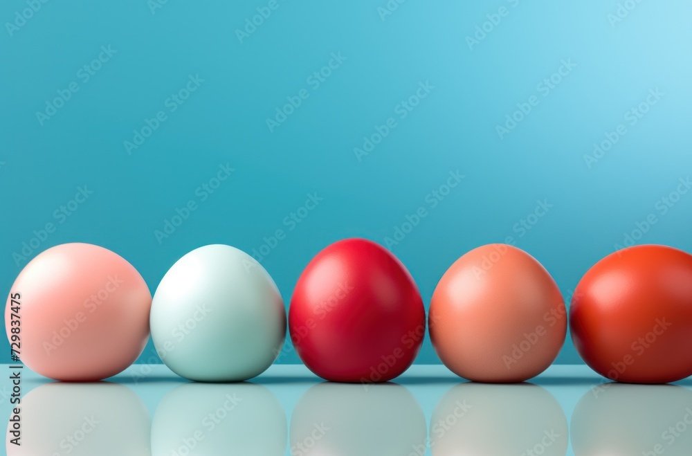 a row of different colored eggs in front of a blue background with a reflection of the eggs in the middle of the row and the row of the eggs in the row. a row of different colored eggs in front of a blue background with a reflection of the eggs in the middle of the row and the row of the eggs in the row.