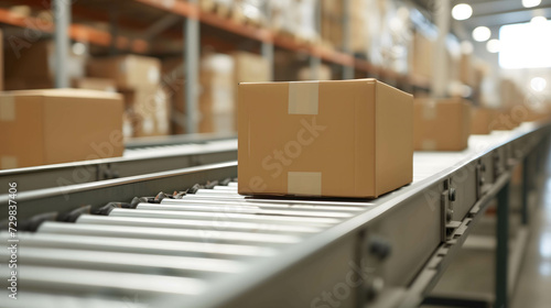 cardboard box packages or products waiting for delivery moving along a conveyor belt in a warehouse © Slowlifetrader