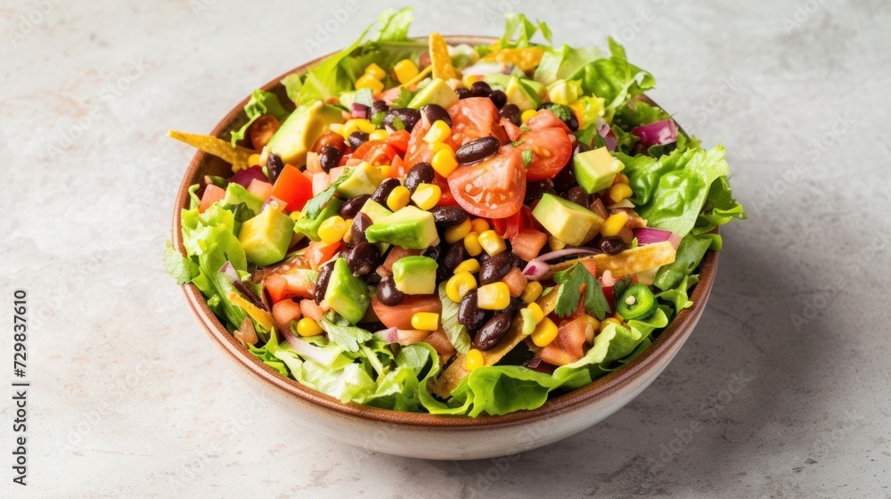 a salad with black beans, avocado, tomatoes, corn, and lettuce in a bowl on a white counter top of a marble table top. a salad with black beans, avocado, tomatoes, corn, and lettuce in a bowl on a white counter top of a marble table top.