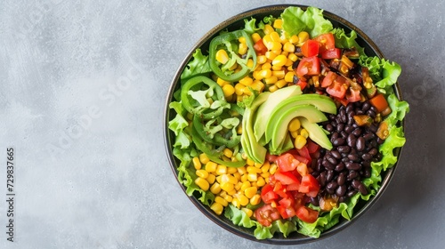  a salad with black beans, avocado, tomatoes, corn, and avocados in a bowl on a gray table top view from above, on a gray background.