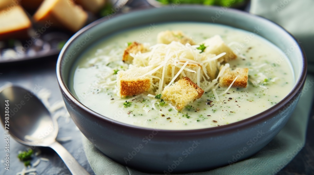  a bowl of soup with croutons, parmesan cheese, and parmesan bread on a napkin next to a bowl of broccoli and bread.