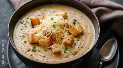  a bowl of soup with croutons, cheese, and parmesan croutons on a plate with a spoon and a napkin next to the bowl.